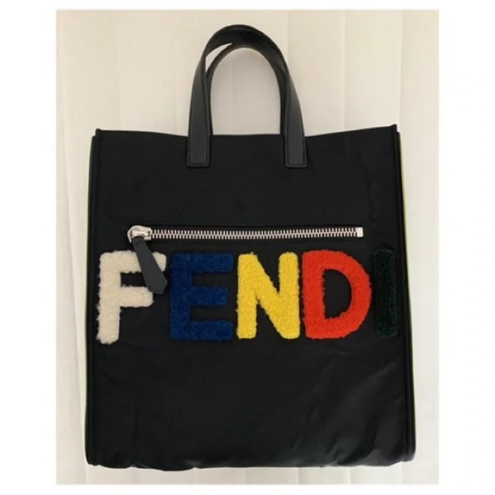 SOLD!! Fendi Id-ea Black Nylon Shopper Tote with Multicolor Shearling Logo RARE - Picture 2 of 10